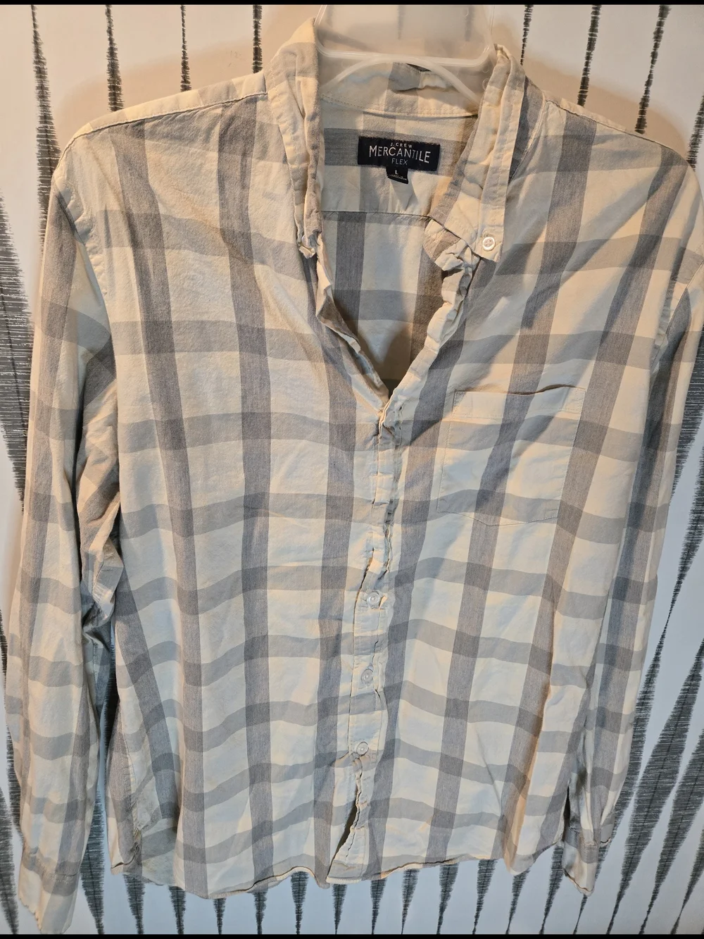 J.Crew Mercantile Flex Gray & Cream Buffalo Plaid Button Down Shirt Size Large